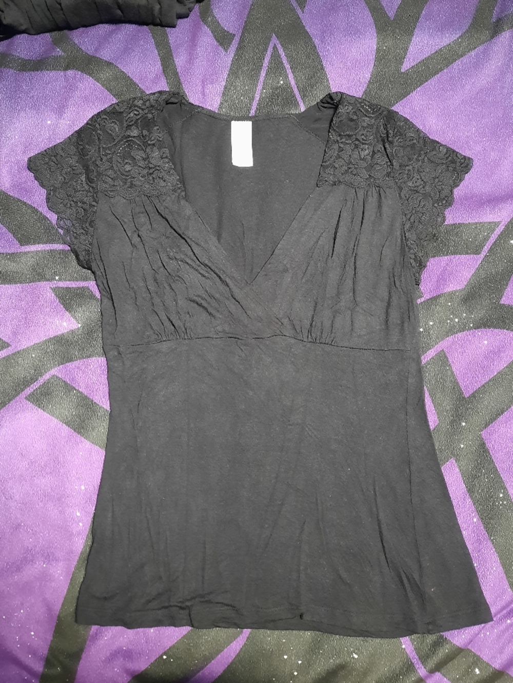 Black Lace-Sleeve V-Neck Women's Top
